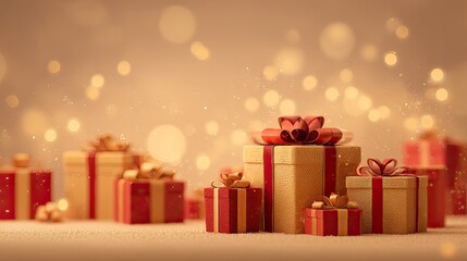 Festive gift boxes, red ribbons, gold paper, soft focus background