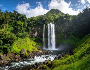 Obraz premium Blue mountain landscape with a waterfall. Landscape with high cliffs and the flying 