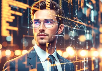 Man in suit with glasses looking at futuristic digital data interface