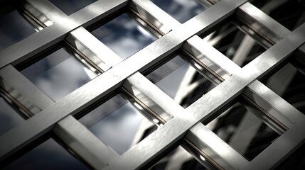 Intersecting grid pattern of modern architecture reflecting sky and building details at dusk with intricate metallic design elements