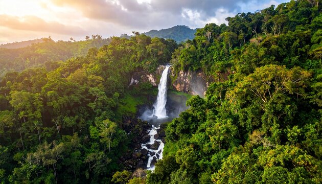 Blue mountain landscape with a waterfall. Landscape with high cliffs and the flying  - Powered by Adobe