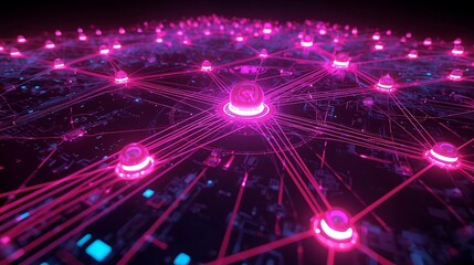 Abstract glowing network of connected nodes on digital circuit