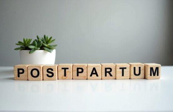 Wooden cubes spell POSTPARTUM on clean surface. Small succulent plant sits beside blocks. Background is simple grey wall. This visual concept relates to new motherhood challenges and support.