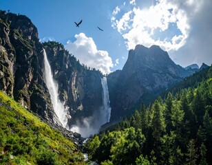 Blue mountain landscape with a waterfall
