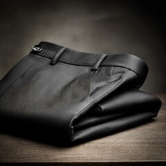 Folded dark-gray dress pants on wooden surface