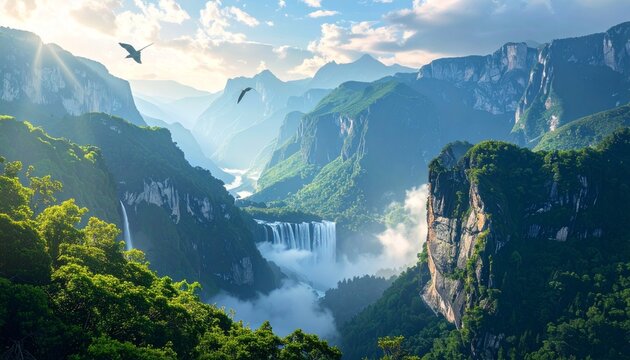 Blue mountain landscape with a waterfall