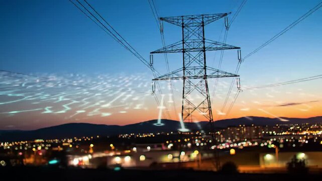 Electrical power lines tower with circuit board overlay at dusk, showcasing a digital network over city, mountains, and sky. High voltage lines distribute energy.
