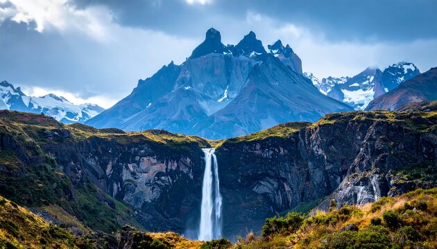 Blue mountain landscape with a waterfall - Powered by Adobe