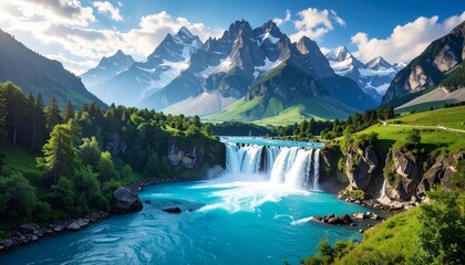 Blue mountain landscape with a waterfall