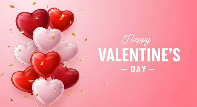 Romantic valentines day heart balloons with confetti on pink background - Powered by Adobe