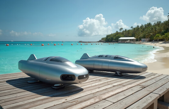 Two sleek silver underwater scooters rest on a wooden pier. A tropical beach with clear blue water and palm trees is in the background. Ocean waves gently lap the shore under a bright sunny sky.
