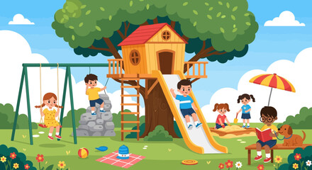 Children enjoying outdoor activities at a playground with a treehouse, slide, and swings on a sunny day