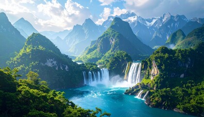 Blue mountain landscape with a waterfall