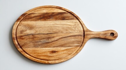 Round wooden pizza board with handle white background serving cooking tableware product