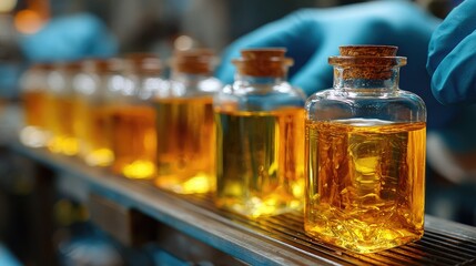 Row of bottles with yellow liquid on conveyor