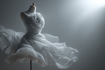 White dress empty mannequin skirt flowing movement fashion design clothing elegant luxury couture