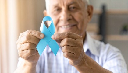 Senior man holding blue awareness ribbon. Concept of World Diabetes Day. 