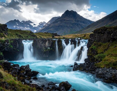 Blue mountain landscape with a waterfall - Powered by Adobe
