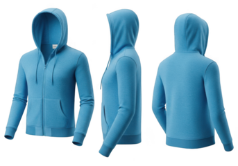 Three views of a bright blue knitted zipup hoodie for women, isolated on transparent background