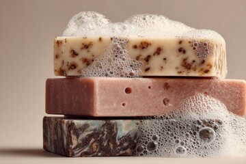 Ultra-realistic photograph three bars stacked foam bubbles colorful wellness product photography