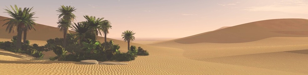 Beautiful oasis in the sandy desert, panorama of the desert landscape, sunset over the sands, 3D rendering
