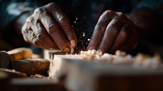 Skilled artisan crafts wooden sculpture with care in a workshop setting