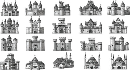 Medieval Castle and Palace Vector Set, Historical Architecture, Fortress, Kingdom, and Monument Buildings Collection for Gaming, Books, and Graphic Design. © Amit World