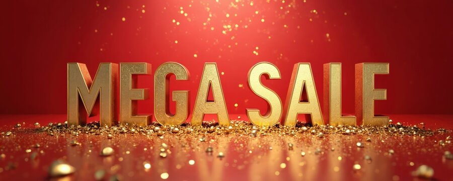 Gold 3D letters spell out Mega Sale on red surface. Golden sparkles and confetti fall around. Theme implies big discounts and promotions for shoppers.