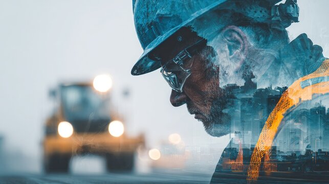 Double exposure engineer mood technological scene mixed composite portrait professional