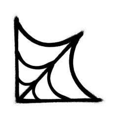 A drawing of a part of a spider web with black spray paint on a white background
