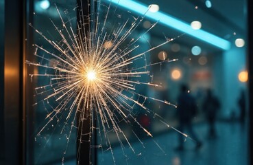 Fototapeta premium Cracked security glass shows starburst pattern from impact. Shop window spiderweb fracture remains intact. Blurred people walk by illuminated interior.