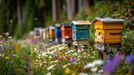 Several colorful beehives blooming wildflower meadow bees apiary agriculture nature