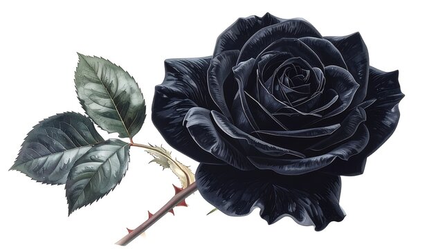 Digitally painted, isolated image of a black rose with three green leaves and thorny stem. It is on a white background