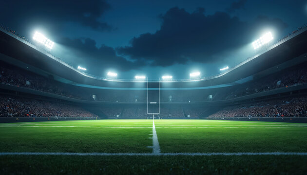 Illuminated american football stadium at night with full stands. Green turf field with goalposts awaits players under bright floodlights. Empty arena ready for championship match.