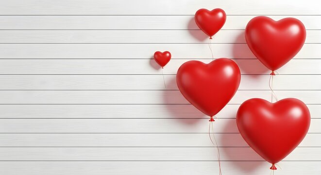 Red heart balloons floating against a white wood plank background