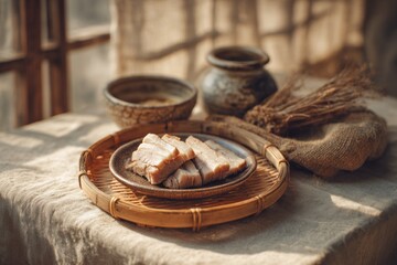 Traditional Korean Bossam sliced boiled pork bamboo tray food cuisine dining