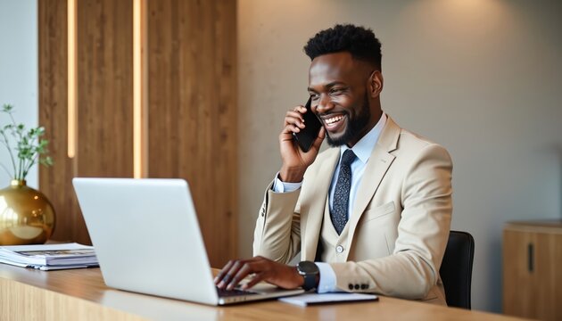 Smiling man in suit talks on mobile phone while typing on laptop computer at office desk. Busy pro works on notebook with digital device, manages tasks in workplace.