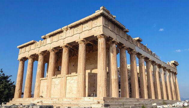 Ancient temple with fluted columns under a clear blue sky. - Powered by Adobe