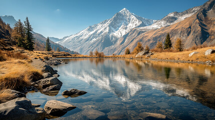 lake and snowy mountains