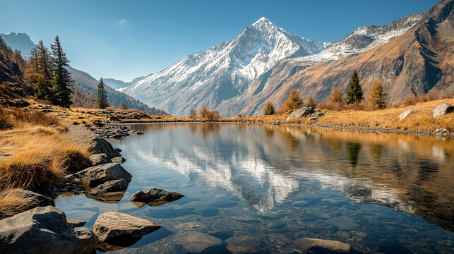  lake and snowy mountains