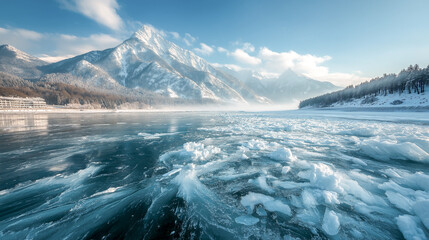 iceberg in the sea frozen lake with ice cracks and snowy mountains