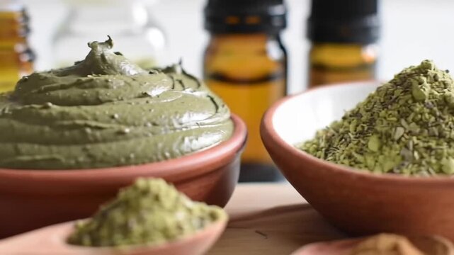 Green paste in a bowl with herbal ingredients, essential oils behind, for natural hair care treatment