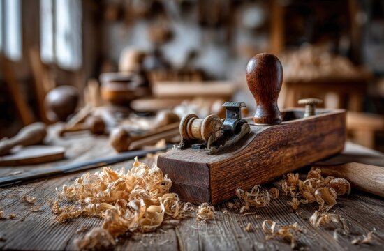 Wooden plane table wood shavings carpentry tools craft workshop artisan traditional - Powered by Adobe