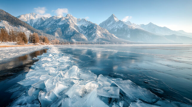 iceberg in the sea frozen lake with ice cracks and snowy mountains