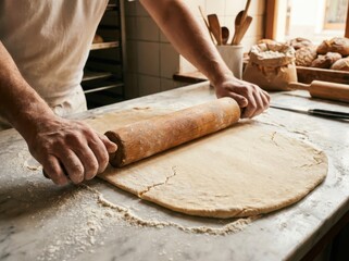 Baker rolling out dough with a wooden rolling pin on counter