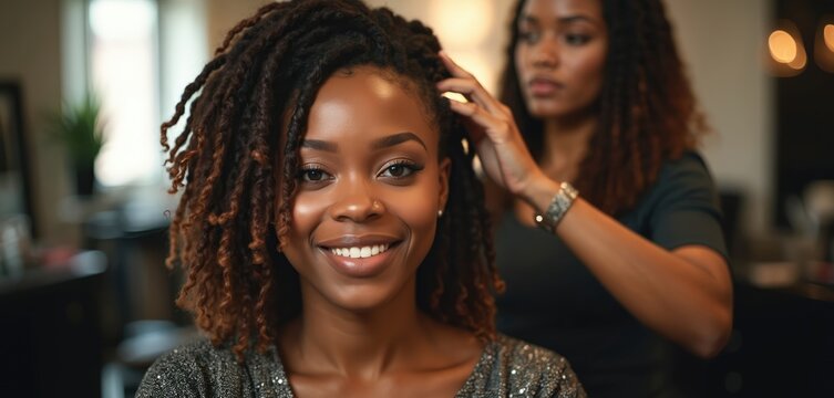 African american woman with dreadlocks gets hair styled by a hairdresser in a salon. She smiles confidently at camera while stylist works on her locs, beauty treatment.