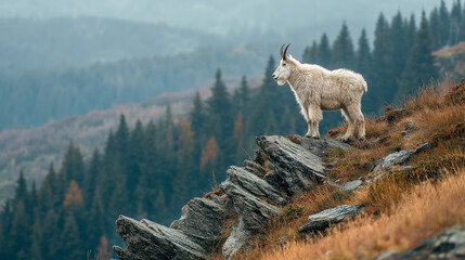 mountain goat standing on cliff edge wild nature
