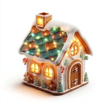 A beautifully crafted gingerbread house adorned with colorful lights.