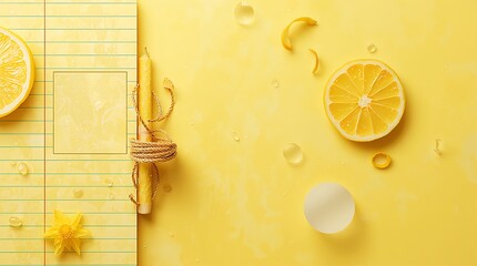 Summer inspired yellow flat lay with fresh citrus and creative tools