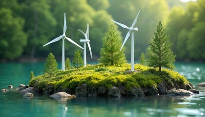 Wind turbines stand on a small green island in blue water. Surrounded by trees forest and mossy ground. Sunlight shines on landscape. Nature park scene.